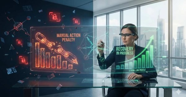 Split scene showing a woman at a glass desk analyzing SEO dashboards: one side displays a manual action penalty with broken links and falling charts, while the other shows recovery in progress, rising graphs, and a strong link profile in a modern city office.