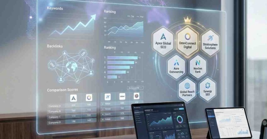 A modern office desk with laptops faces a transparent holographic SEO dashboard showing global keyword maps, rankings, backlinks, comparison scores, and top agency badges, while glowing world connections float on the wall behind, representing enterprise search analytics and competitive research.