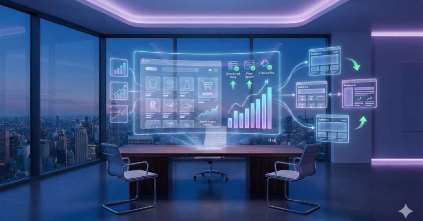 A futuristic office with floor-to-ceiling windows overlooking a city skyline, featuring a holographic ecommerce dashboard showing product cards, SEO metrics, rising graphs, structured data icons, and arrows connecting multiple platforms, displayed above a sleek conference table with two chairs.