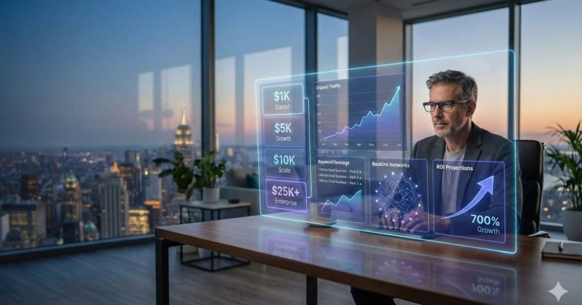 Professional working at a modern desk with a transparent holographic analytics dashboard showing SEO pricing tiers, organic traffic growth, keyword rankings, backlink networks, and ROI projections. A city skyline at sunset appears through large windows, symbolizing data-driven strategy and business growth.