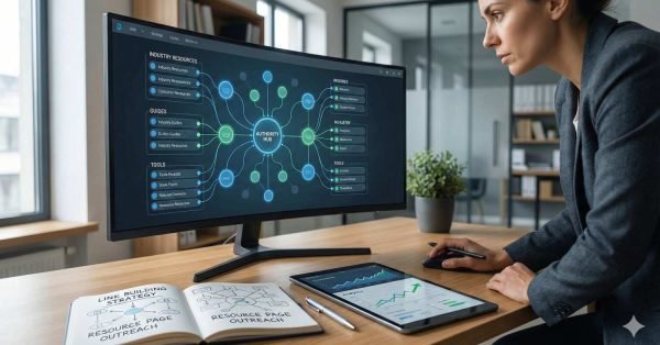 A professional woman works at a desk with a large monitor displaying an “Authority Hub” content map connecting industry resources, guides, and tools. A tablet shows rising analytics charts, while an open notebook outlines link-building and resource page outreach strategies in a modern office setting.