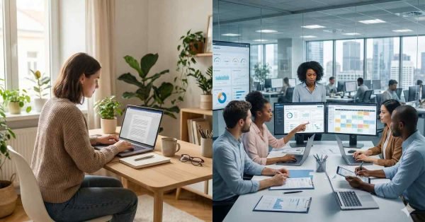 Split image showing a woman working alone on a laptop at a home desk with plants and notebooks on the left, and a diverse team collaborating in a modern office on the right, reviewing dashboards and charts on large monitors during a meeting.