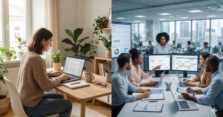 Split image showing a woman working alone on a laptop at a home desk with plants and notebooks on the left, and a diverse team collaborating in a modern office on the right, reviewing dashboards and charts on large monitors during a meeting.