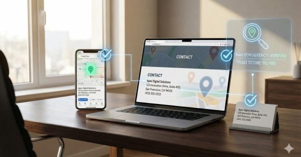 Laptop and smartphone on a desk display a business contact page and Google Maps listing with verified checkmarks, showing address and phone details, NAP consistency, trust score overlay, and local SEO validation graphics in a bright office setting.