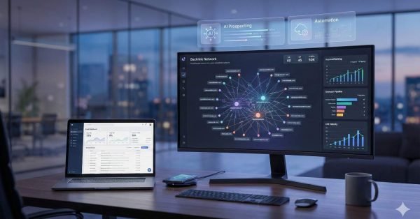 A modern office desk with a laptop and large monitor displaying AI-powered backlink network maps, SEO dashboards, keyword rankings, outreach pipelines, and automation panels, suggesting advanced digital marketing analytics and link-building software in a professional workspace at dusk.