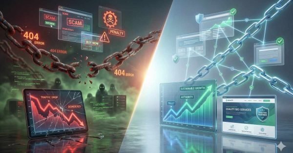Split image contrasting bad vs. good SEO practices: left shows broken chains, 404 errors, scams, penalties, and traffic drop; right shows strong chains, trust badges, quality SEO services, rising authority, and sustainable growth charts, symbolizing the difference between risky tactics and ethical link building.
