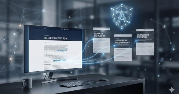 A modern desk setup with a monitor showing “The Algorithmic Trust Report,” while glowing lines connect it to floating article cards labeled digital ethics and industry insights, plus a shield icon overhead, suggesting authoritative sources, credibility signals, and AI-driven trust analysis in a futuristic office.