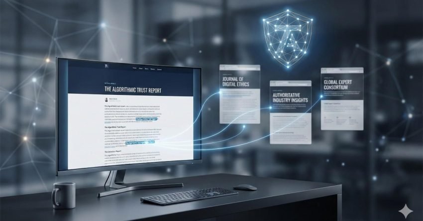 A modern desk setup with a monitor showing “The Algorithmic Trust Report,” while glowing lines connect it to floating article cards labeled digital ethics and industry insights, plus a shield icon overhead, suggesting authoritative sources, credibility signals, and AI-driven trust analysis in a futuristic office.