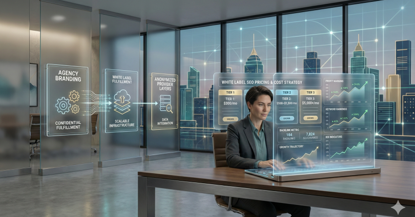 Marketing professional reviewing white label SEO pricing and cost strategy dashboards in a modern office, showing agency branding, fulfillment workflows, tiered pricing, and growth metrics, representing scalable white label SEO services, transparent cost structures, and data-driven agency operations.