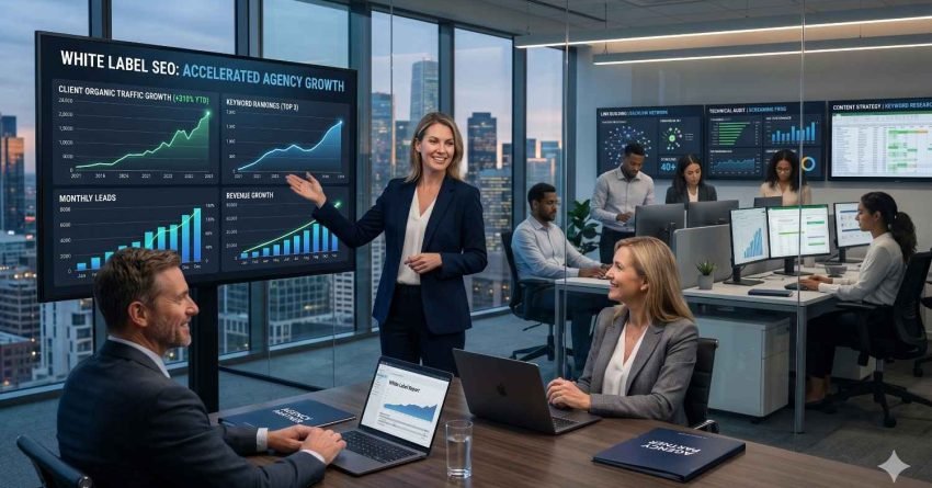 Business professionals collaborate in a modern office while presenting white label SEO performance results. Large dashboards display client traffic growth, keyword rankings, lead generation, and revenue trends. Team members analyze data, manage campaigns, and monitor analytics. The scene highlights agency growth, strategic planning, digital marketing services, and measurable business success.