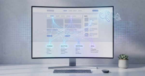 Curved desktop monitor on a minimalist desk displaying a website interface with interconnected navigation links visualized as glowing lines. Icons for search, settings, and chatbot appear on screen. A keyboard, mouse, and small potted plant sit nearby, suggesting website structure optimization and internal linking.