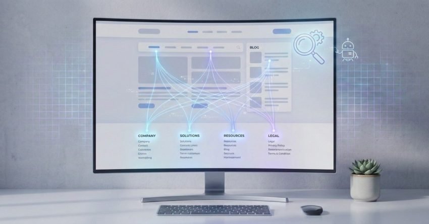 Curved desktop monitor on a minimalist desk displaying a website interface with interconnected navigation links visualized as glowing lines. Icons for search, settings, and chatbot appear on screen. A keyboard, mouse, and small potted plant sit nearby, suggesting website structure optimization and internal linking.