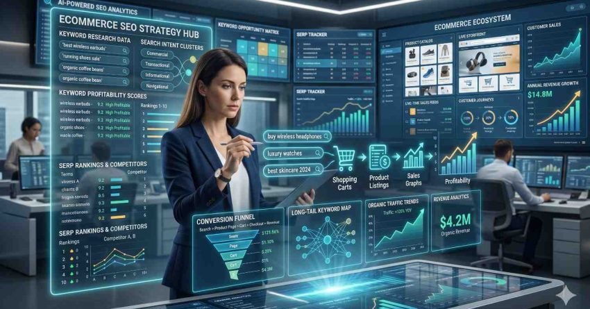 Ecommerce SEO specialist analyzes search performance and online sales data using AI-powered dashboards in a modern office. Interactive displays show keyword research, search intent clusters, conversion funnels, SERP rankings, profitability metrics, product listings, revenue growth, and customer journeys. The scene highlights data-driven optimization, organic traffic growth, and ecommerce success.