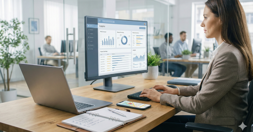 A professional works at a modern office desk, analyzing analytics dashboards on a desktop monitor while using a laptop and smartphone. The clean workspace and charts represent data-driven digital marketing, performance tracking, and strategic business analysis in a collaborative office environment.