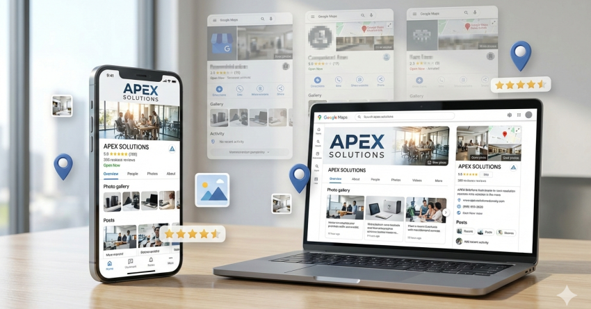A smartphone and laptop display a Google Maps business profile for a company, showing photos, reviews, star ratings, posts, and location pins. Floating map and review icons highlight local SEO visibility, reputation management, and increased discovery across devices.