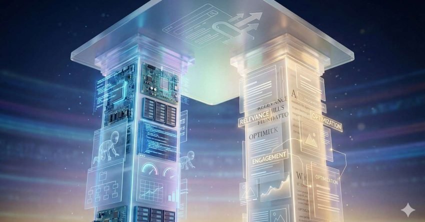 Futuristic conceptual illustration showing technical SEO and content optimization as two transparent pillars supporting a digital platform, with code, analytics, relevance, engagement, and optimization elements visualized, representing how strong technical foundations and high-quality content work together to support search visibility and performance.