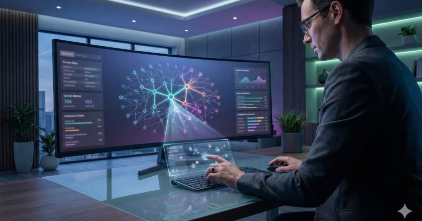 A man in a modern office works at a sleek desk with a large curved monitor displaying a colorful network data visualization and analytics dashboards. He uses a transparent touchscreen device and keyboard, focused on the futuristic interface in a softly lit, high-tech workspace.