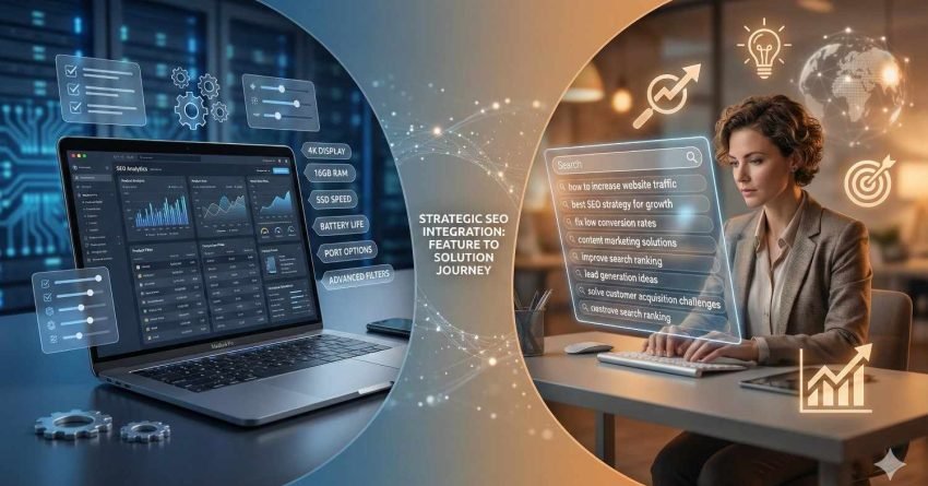A split-screen visual showing strategic SEO integration: on one side, a laptop with advanced analytics dashboards and feature controls; on the other, a professional researching SEO queries at a desk. Connecting visuals symbolize the journey from product features to marketing growth and higher performance.