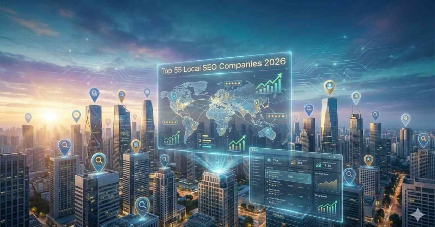 A futuristic city skyline at sunset features glowing digital overlays reading “Top 55 Local SEO Companies 2026,” with world maps, charts, ratings, and location pins hovering above skyscrapers, representing global search performance tracking and local business visibility analytics.
