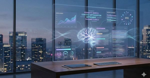A futuristic office desk overlooks a city skyline while a transparent digital display shows semantic search dashboards, content optimization metrics, keyword rankings, scoring charts, and a glowing AI brain graphic, with keyboard and tablet on the desk beneath the holographic analytics panels.