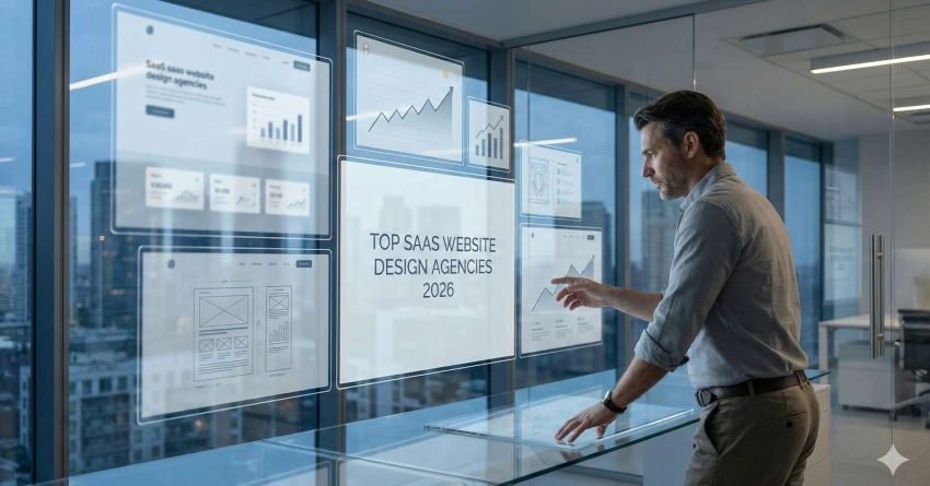 A professional man stands in a glass-walled office, interacting with transparent holographic screens labeled “Top SaaS Website Design Agencies 2026,” showing charts, wireframes, and analytics over a city backdrop, suggesting data-driven evaluation, digital strategy, and modern tech workspace planning.