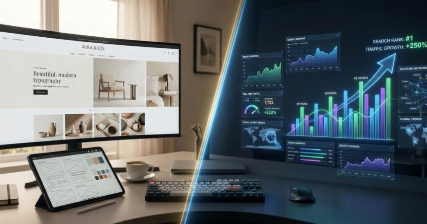 Split-screen workspace shows web design mockups and typography layouts on one side, and glowing SEO dashboards with rising traffic, rankings, and backlink networks on the other, illustrating the contrast and connection between creative website design and data-driven search optimization.