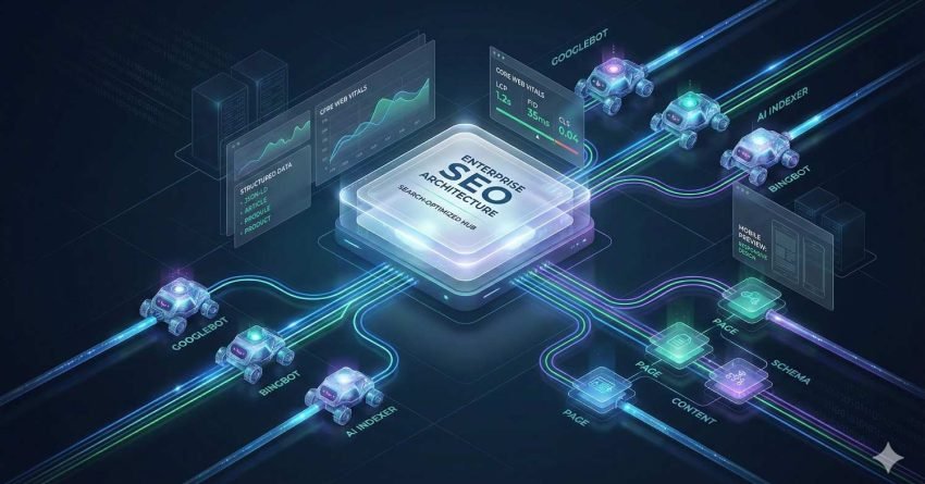 Futuristic illustration of enterprise SEO architecture, with a central SEO hub connected to search engine bots, AI indexers, structured data, Core Web Vitals, content, schema, and page signals, visualizing large-scale technical SEO infrastructure, automation, and optimized crawling, indexing, and performance.