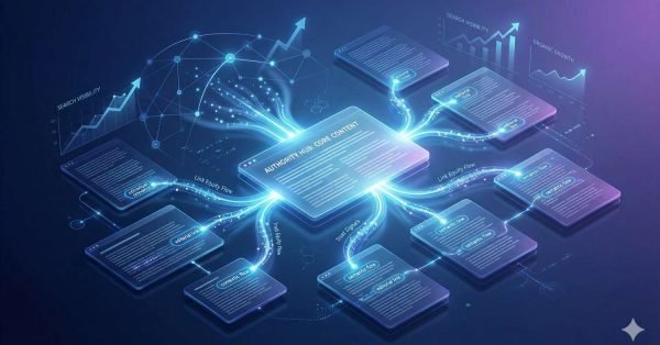 Glowing digital diagram showing an “Authority Hub – Core Content” at the center with branching content modules, flowing link equity paths, and upward charts for search visibility and organic growth, illustrating a hub-and-spoke SEO content strategy in a futuristic data-visualization style.