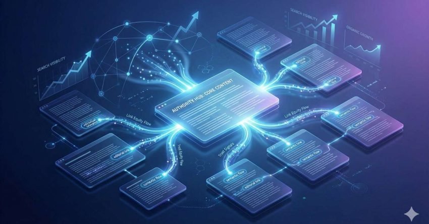 Glowing digital diagram showing an “Authority Hub – Core Content” at the center with branching content modules, flowing link equity paths, and upward charts for search visibility and organic growth, illustrating a hub-and-spoke SEO content strategy in a futuristic data-visualization style.