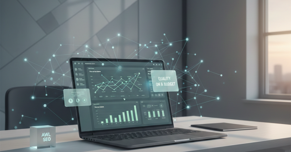 Laptop on a modern office desk displaying an SEO analytics dashboard with traffic graphs and performance metrics, surrounded by connected data nodes and labels highlighting affordable, quality SEO services, representing cost-effective search engine optimization and data-driven growth strategy.