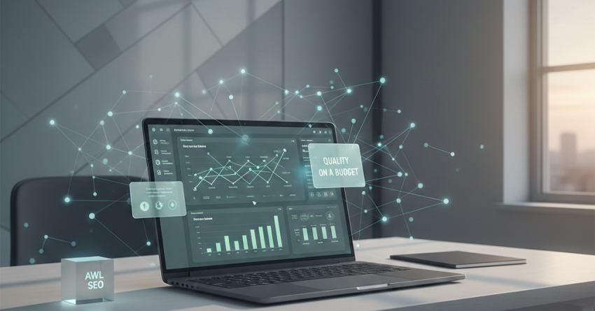 Laptop on a modern office desk displaying an SEO analytics dashboard with traffic graphs and performance metrics, surrounded by connected data nodes and labels highlighting affordable, quality SEO services, representing cost-effective search engine optimization and data-driven growth strategy.