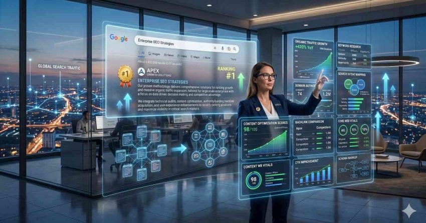 SEO specialist analyzing enterprise search performance through interactive digital dashboards in a modern office. Futuristic screens display Google rankings, organic traffic growth, keyword research, backlink metrics, content optimization scores, and technical SEO insights. City lights illuminate the background, emphasizing data-driven strategies, search visibility improvements, and digital marketing success.