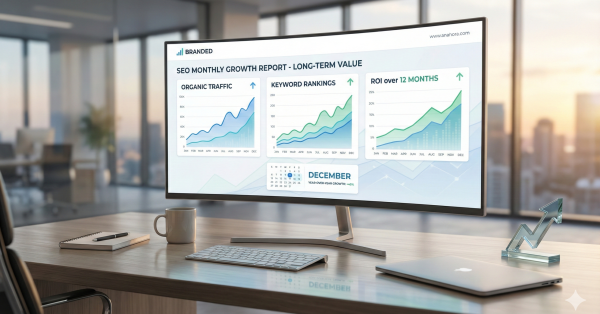 Modern office desk with a widescreen monitor displaying an SEO monthly growth report, showing rising organic traffic, keyword rankings, and ROI charts. A laptop, keyboard, notebook, and coffee cup sit neatly on the desk, conveying long-term SEO value, data-driven growth, and professional digital marketing analysis.