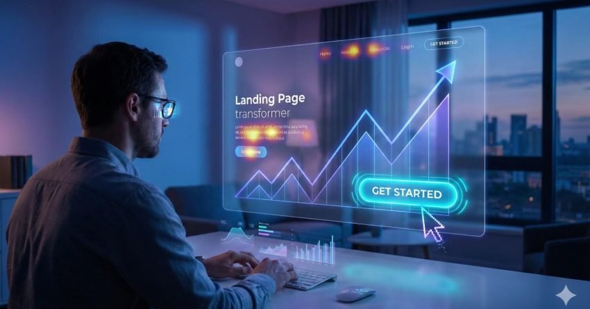A man works on a laptop in a dimly lit room while a transparent futuristic interface displays a “Landing Page Transformer,” rising charts, and a glowing “Get Started” button, suggesting digital marketing, analytics, and website optimization with a city skyline outside the window.