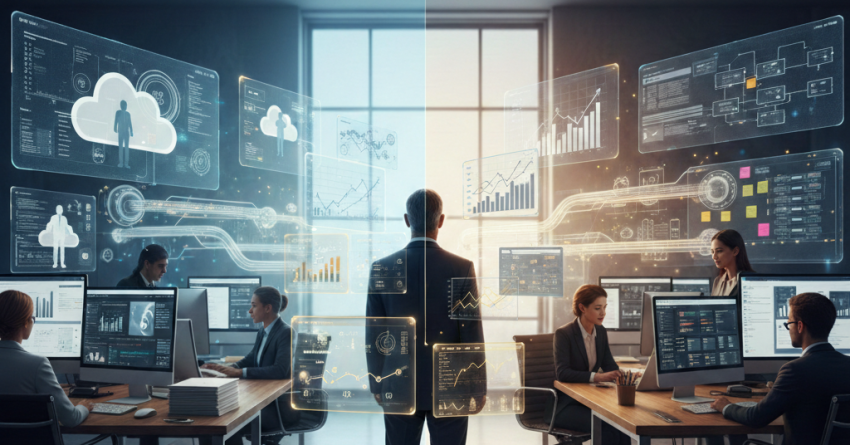 Split-screen office scene comparing white label SEO and in-house SEO teams, with professionals working at desks, digital analytics dashboards, performance charts, and SEO data visualizations, illustrating strategic differences in search engine optimization workflows, resources, and growth management.