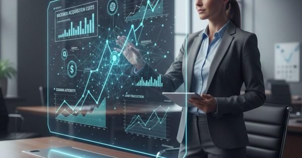 A businesswoman in a modern office interacts with a transparent holographic analytics dashboard displaying backlink acquisition costs, domain authority, and growth charts. She holds a tablet while reviewing rising performance metrics and network data visualizations, symbolizing strategic SEO and link-building analysis.