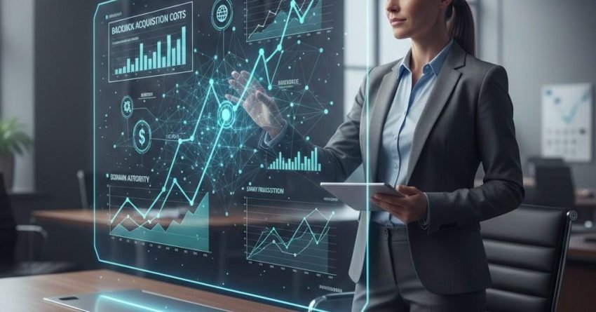 A businesswoman in a modern office interacts with a transparent holographic analytics dashboard displaying backlink acquisition costs, domain authority, and growth charts. She holds a tablet while reviewing rising performance metrics and network data visualizations, symbolizing strategic SEO and link-building analysis.