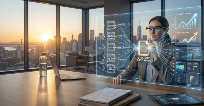 Professional woman in a modern office overlooking a city skyline at sunset, viewing a futuristic transparent screen displaying SEO metrics, authority growth, organic traffic charts, backlinks, and a strategic case study dashboard on her desk.