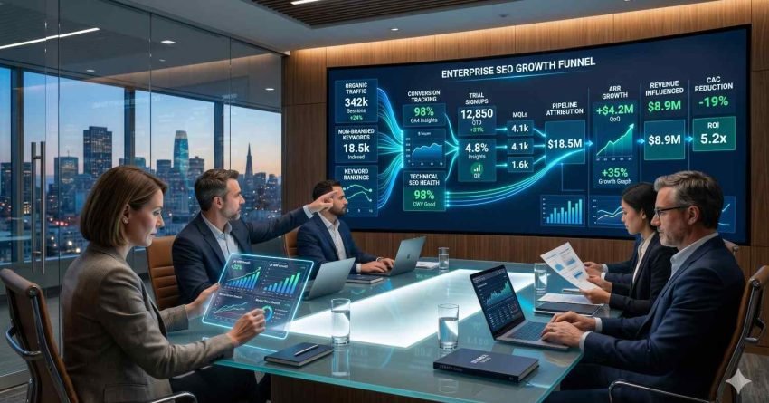 Enterprise leadership team reviews an SEO growth funnel dashboard during a strategy meeting in a modern boardroom. Large displays highlight organic traffic, keyword rankings, conversion tracking, trial signups, marketing-qualified leads, pipeline attribution, revenue growth, customer acquisition cost reduction, and return on investment, emphasizing data-driven planning and scalable business growth.