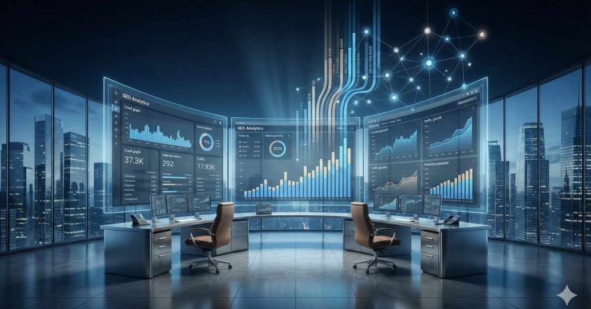 Futuristic SEO analytics control room with large transparent dashboards displaying traffic growth, keyword performance, rankings, and data visualizations, set in a modern office overlooking a city skyline, emphasizing advanced data-driven SEO strategy and performance monitoring.