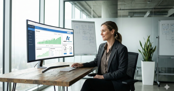 Marketing professional reviewing an agency analytics dashboard on a desktop monitor, showing rising SEO performance graphs and traffic metrics in a modern office, representing data-driven SEO reporting, campaign analysis, and ongoing optimization for business growth.