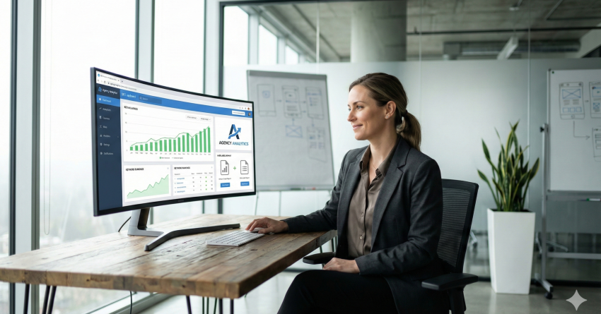 Marketing professional reviewing an agency analytics dashboard on a desktop monitor, showing rising SEO performance graphs and traffic metrics in a modern office, representing data-driven SEO reporting, campaign analysis, and ongoing optimization for business growth.