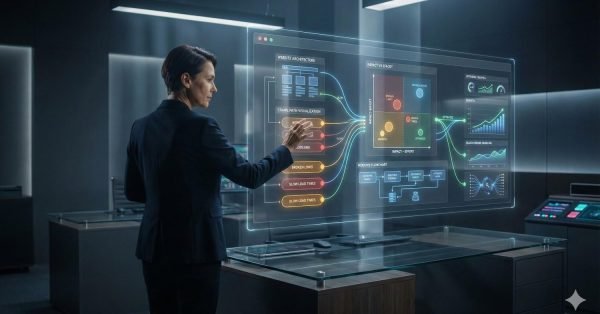 A professional analyzing a futuristic transparent digital dashboard showing technical SEO data, site architecture, crawl paths, performance metrics, and growth charts, interacting with an interactive interface in a modern, high-tech workspace focused on website optimization and analytics.