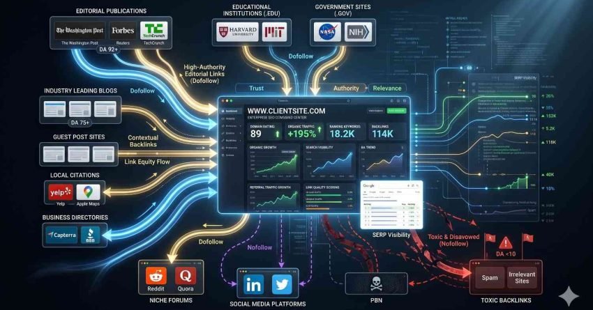 Backlink strategy and SEO authority diagram showing high-quality backlinks from news sites, universities, government websites, business directories, and local citations, improving domain authority, search rankings, referral traffic, SERP visibility, and overall website SEO performance while avoiding toxic backlinks
