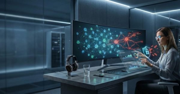 Woman in a high-tech control room interacting with transparent screens and a large monitor showing network graphs, threat paths, and security icons, suggesting cybersecurity analysis, data monitoring, and real-time system defense in a modern server environment.