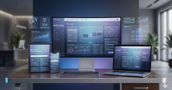 A modern office desk with a large curved monitor, laptop, tablet, and smartphone displaying sleek analytics dashboards, charts, ratings, and performance metrics in a futuristic UI style, set in a softly lit workspace with plants and minimalist furniture in the background.