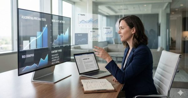 A businesswoman in a glass-walled office points at a large monitor displaying ROI graphs, traffic charts, and pricing tiers, while a laptop and notebook sit on the desk, suggesting analysis of content performance and growth metrics.