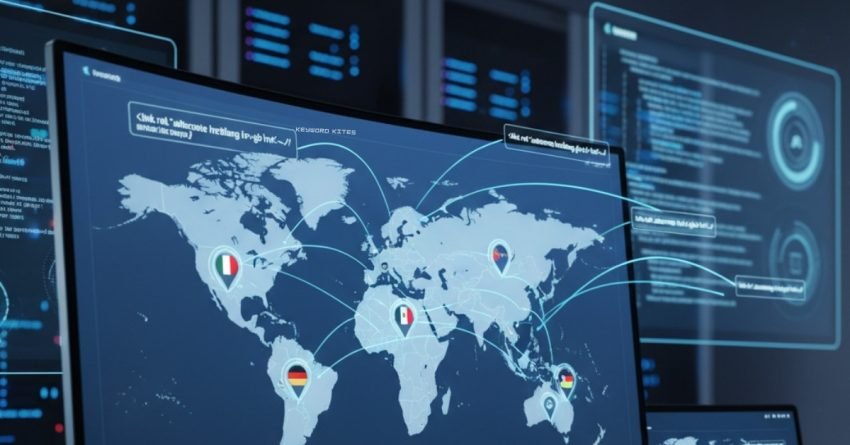 World map showing hreflang language codes and geo-targeting connections between countries.