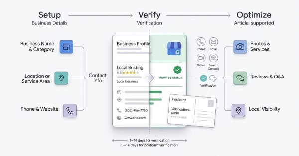 Infographic showing the Google Business Profile setup process from entering business details and verification to profile optimization, including contact information, photos, reviews, Q&A, and local visibility.