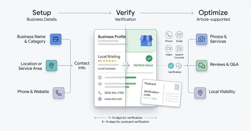 Infographic showing the Google Business Profile setup process from entering business details and verification to profile optimization, including contact information, photos, reviews, Q&A, and local visibility.